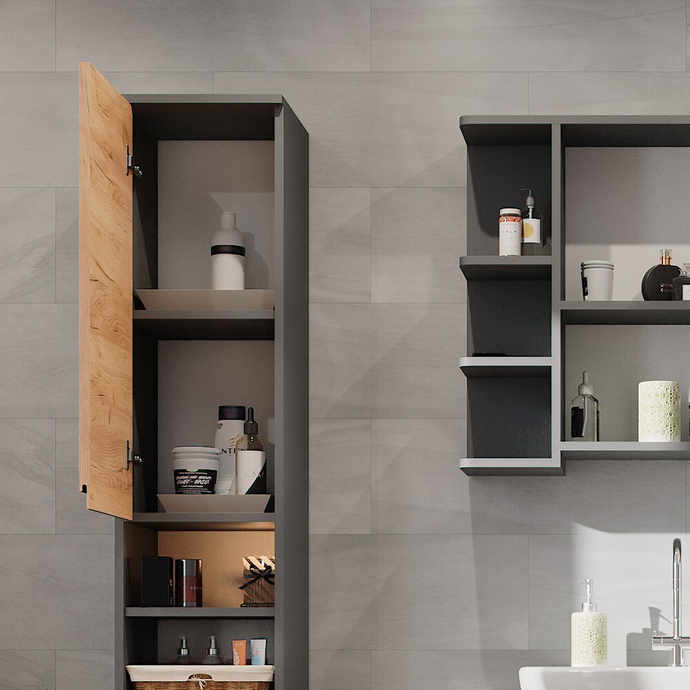 Vicco Hochschrank Badschrank Badezimmermöbel J-shape Anthrazit Eiche modern 30x190cm Badezimmer Schrank Badmöbel Schranktür Schrankfach Aufbewahrung Ablage