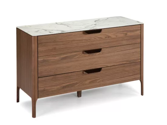 Commode bois noyer et plateau en marbre céramique blanc Mykal