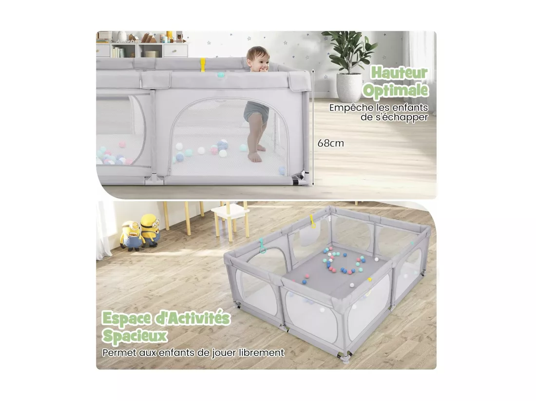 Grand Parc pour Bébé avec 50 Balles Océaniques, Clôture pour Tout-Petits avec 4 Anneaux à Main, Centre d'Activités pour Bébé avec Maille Respirante, 189 x 158 x 68 CM (Gris Clair)