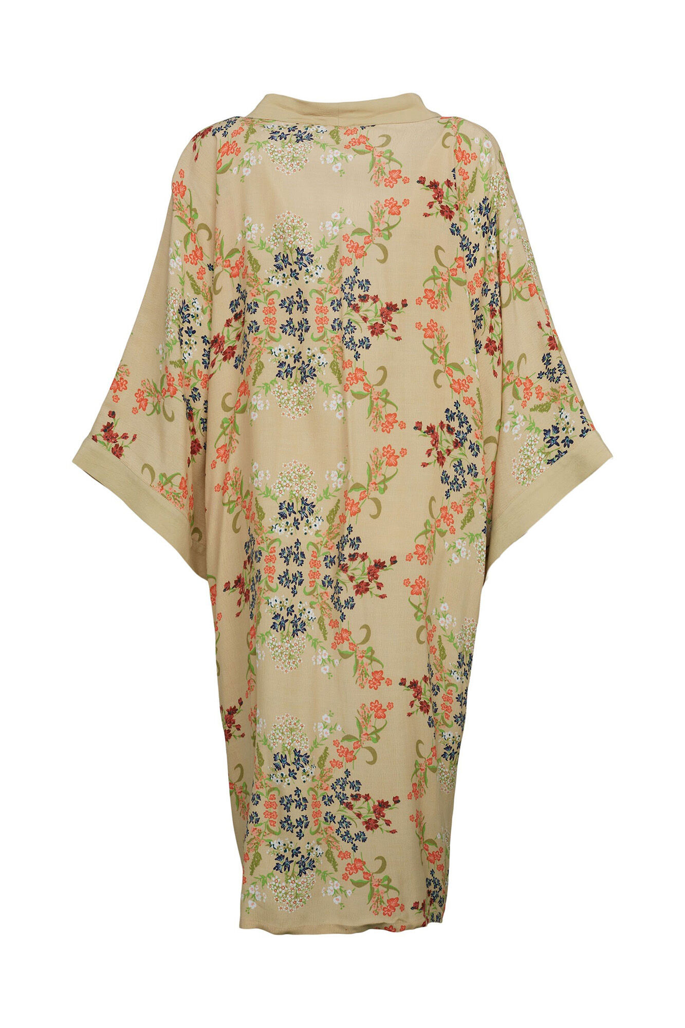 Quimono longo com estampa floral em tons de bege.