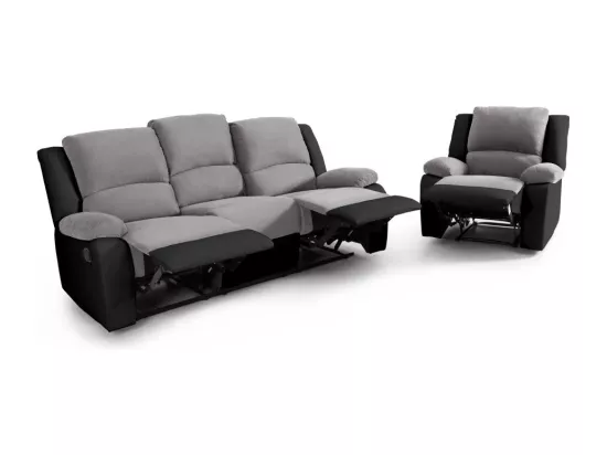 Ensemble de Canapés Relaxation manuel 3 places et 1 place Microfibre Grise / Simili Noir Léo - Loungitude
