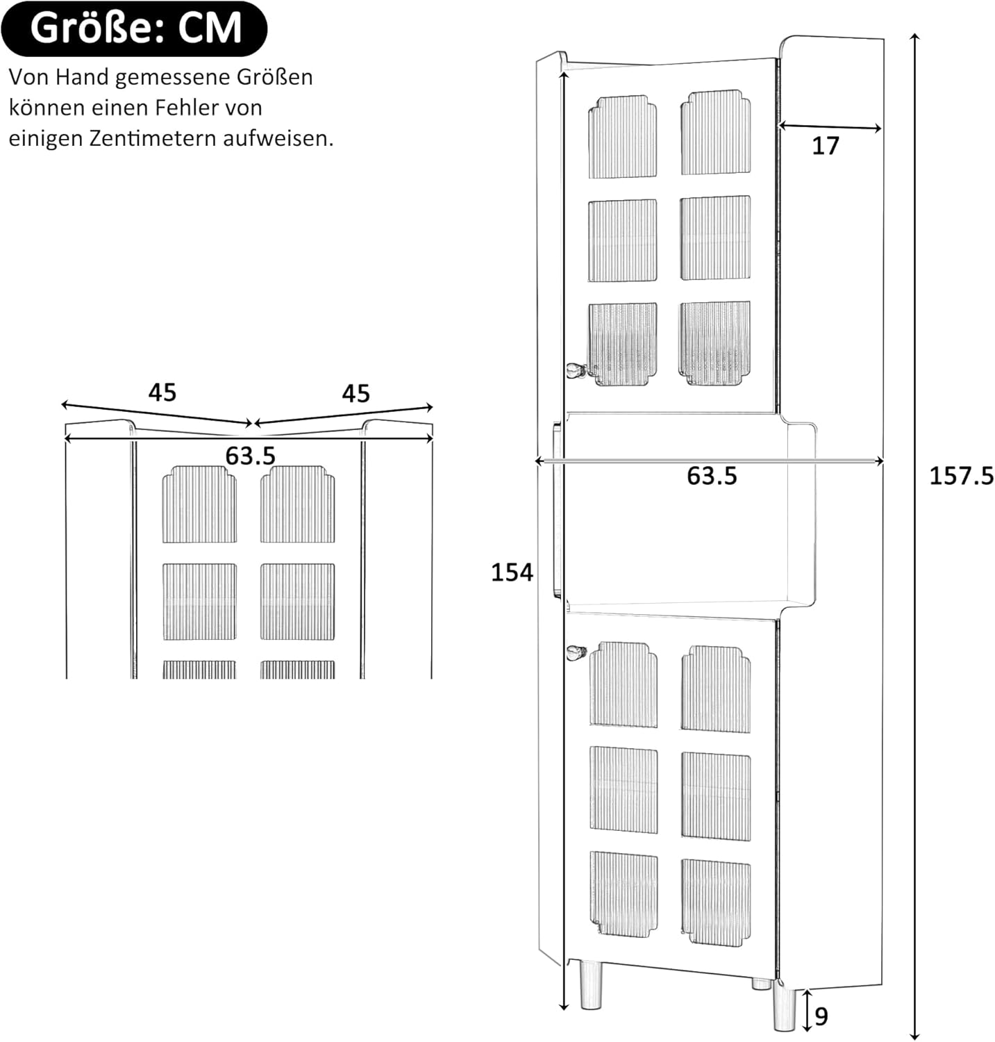 Merax Eckschrank Hochschrank mit LED - Beleuchtung, Eckregal Standregal mit Glas Türen, 2 Ablagefächern und Verstellbaren Einlegeböden, für Wohnzimmer, Esszimmer, MDF-Platte, Weiß/63.5x0x157.5 cm