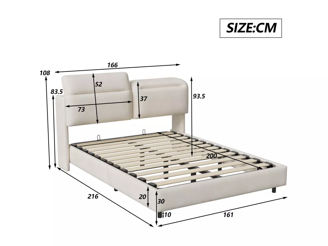 Lit coffre 160x200cm en tissu velous - avec tête de lit pliante et sommier à lattes - Beige
