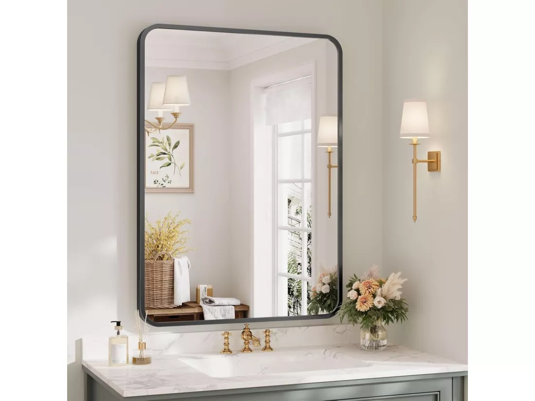 Miroir Mural 75x55cm Rectangulaire avec Cadre en Aluminium - Miroir Salle de Bain - Dressing/Salon Décoration - HD Miroir de Maquillage - Noir