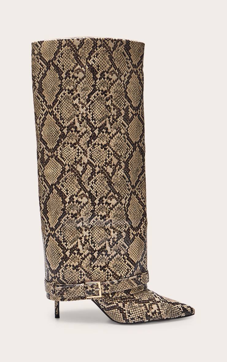 Snake Print Botte Haute À Talon Avec Revers Et Détails De Boucles