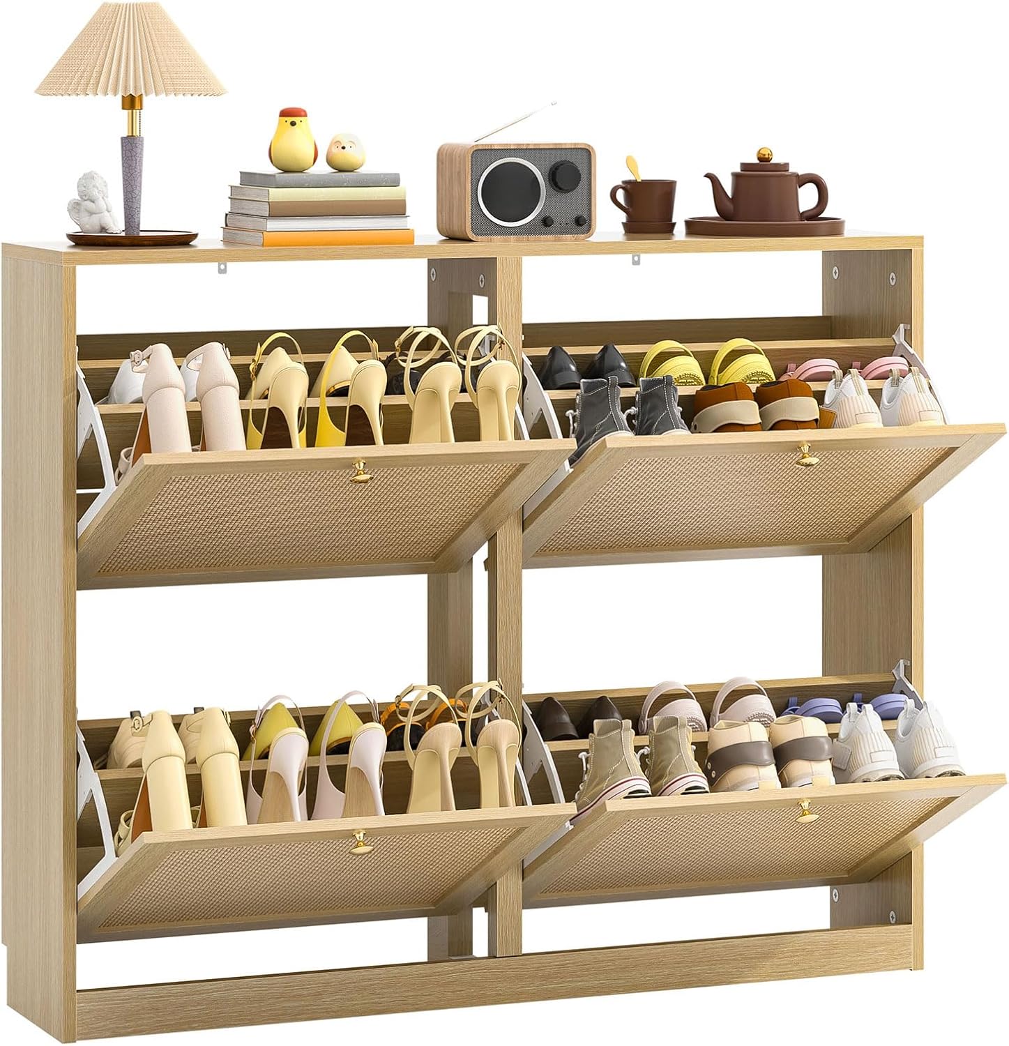 Meuble à Chaussures et Rotin avec 4 Abattants, Armoire à Chaussures pour 16 à 24 Paires avec étagère réglable, Grande Capacité pour Couloir, Entrée, Antidumping,102 x 23 x 84 cm, Chêne YX5193221
