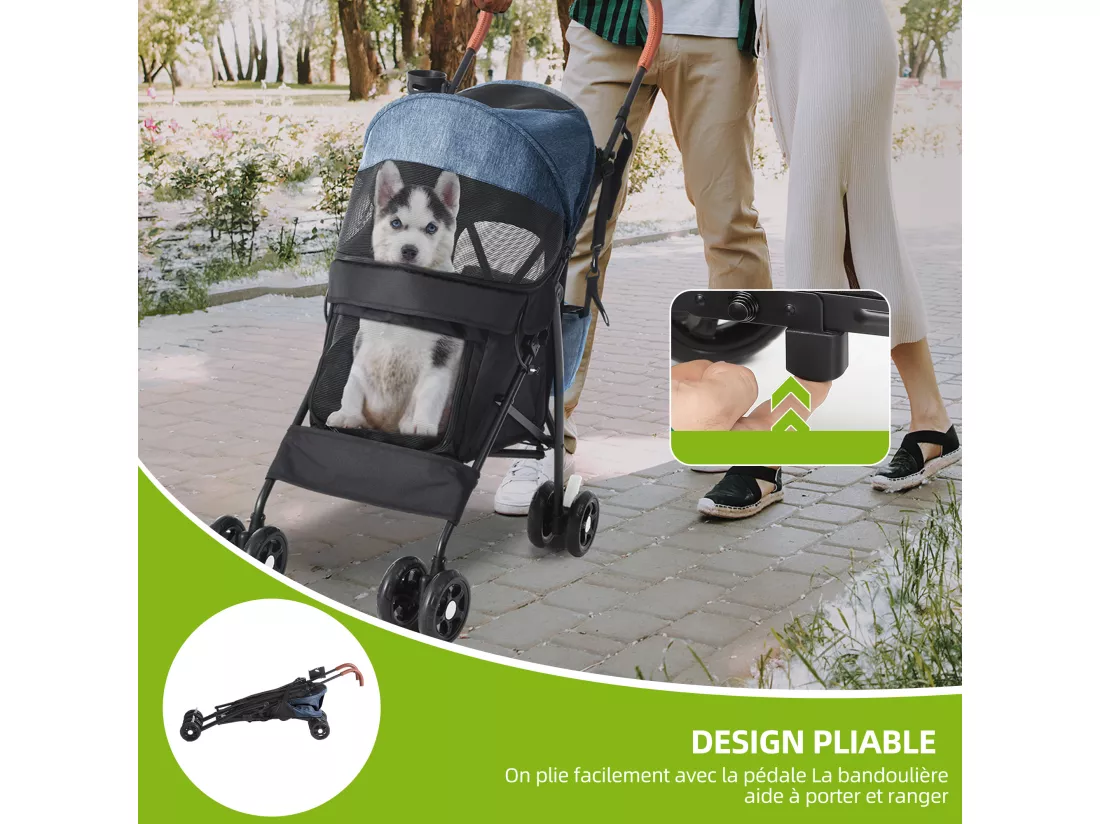 YITAHOME Poussette pour Chiens de Petite et Moyenne Taille - à 4 Roues avec Bretelles - Pliable - Porte-Gobelet - Bleu Marine