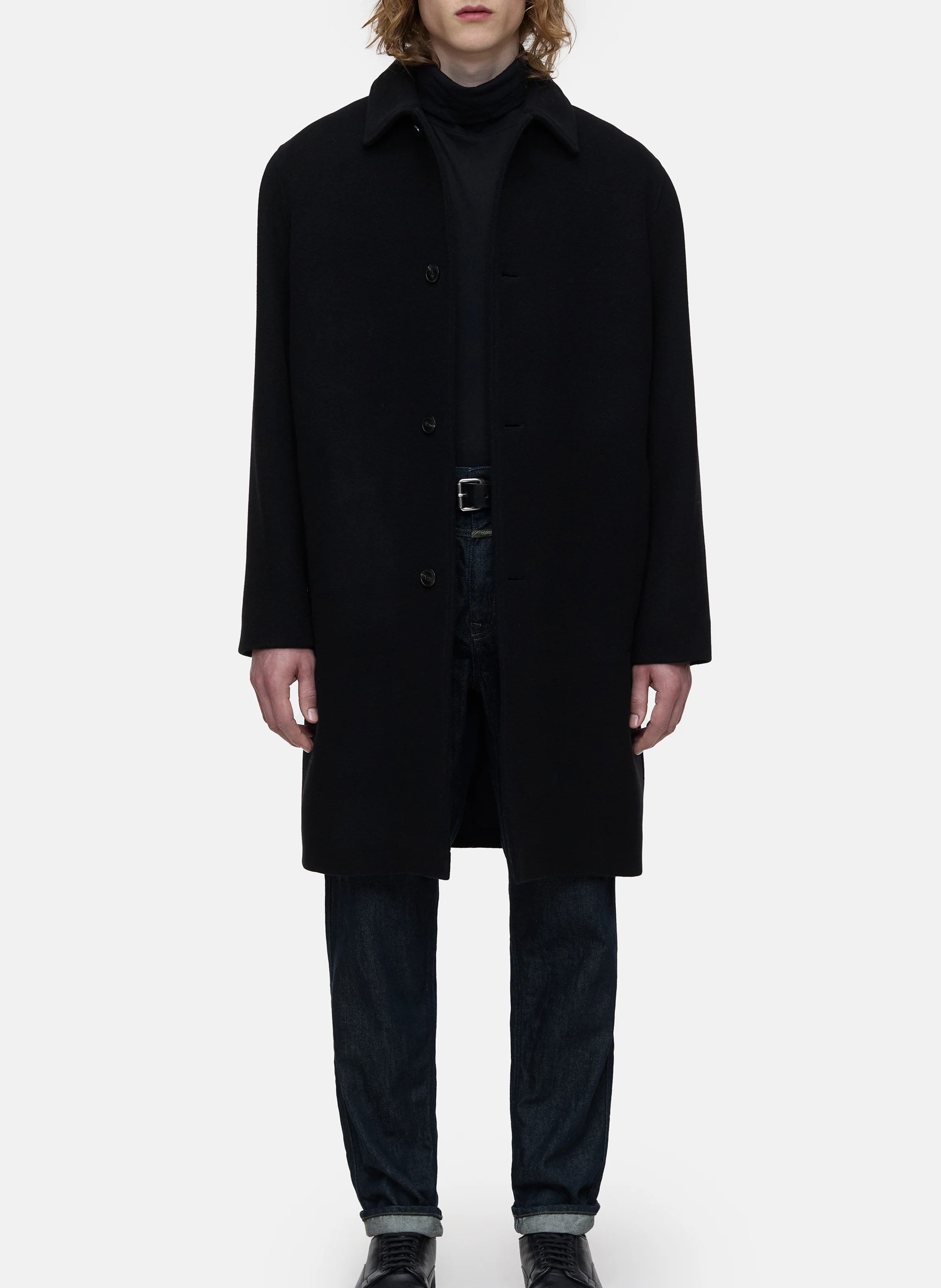 CAR - Manteau droit col classique en laine mélangée | Noir