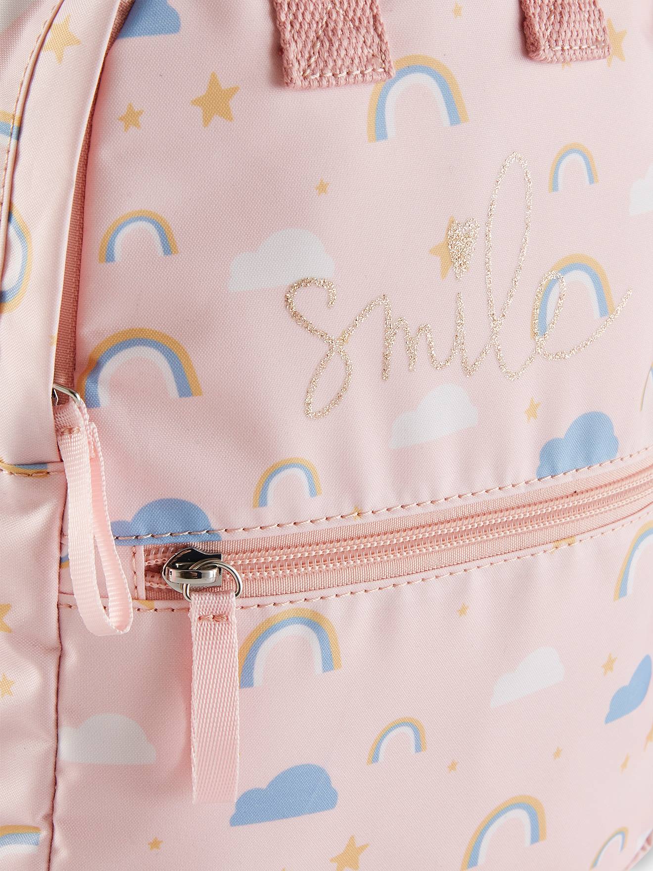Mochila rosa claro com estampa de arco-íris