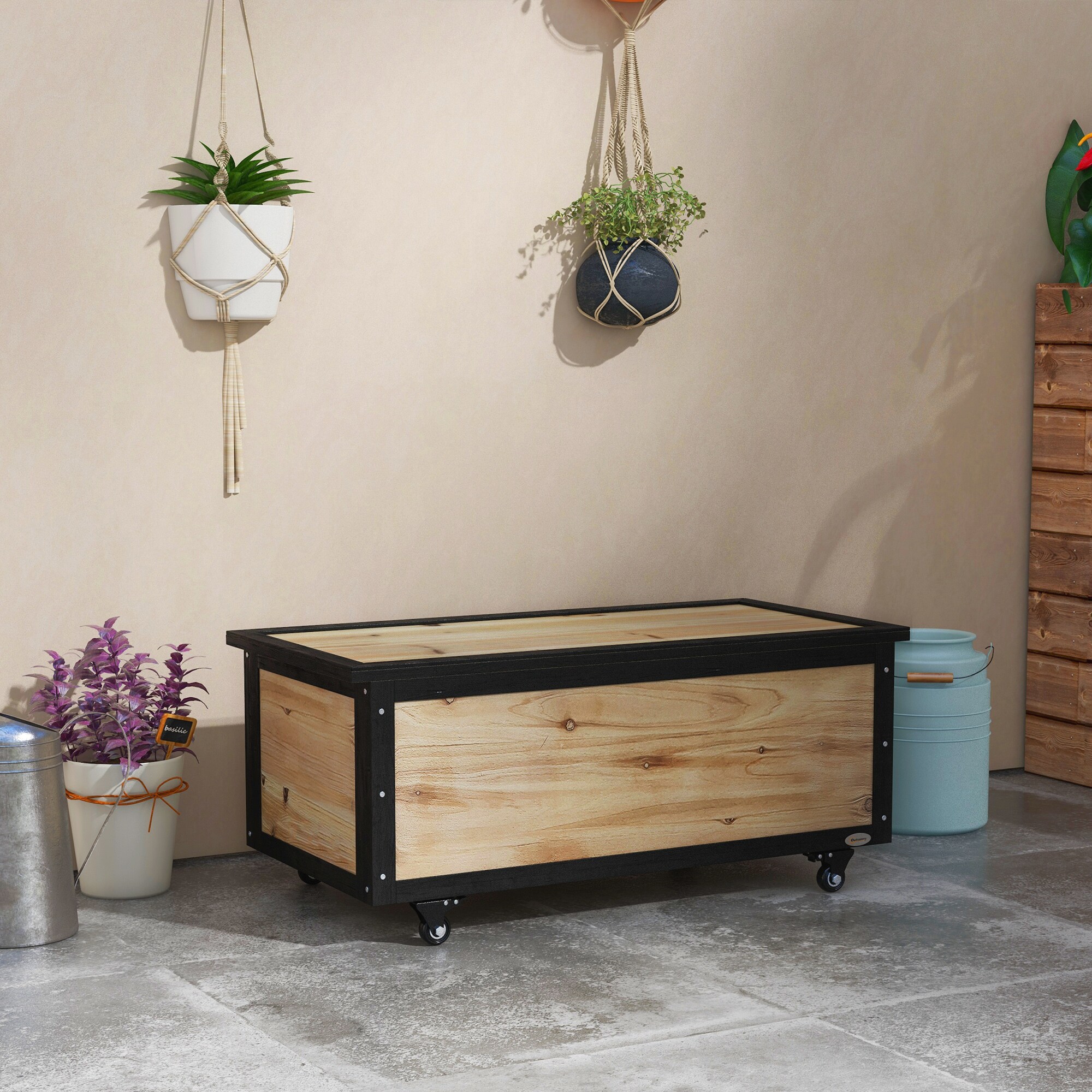 Outsunny Aufbewahrungstruhe mit 4 Rollen natur 100L x 50B x 43H cm