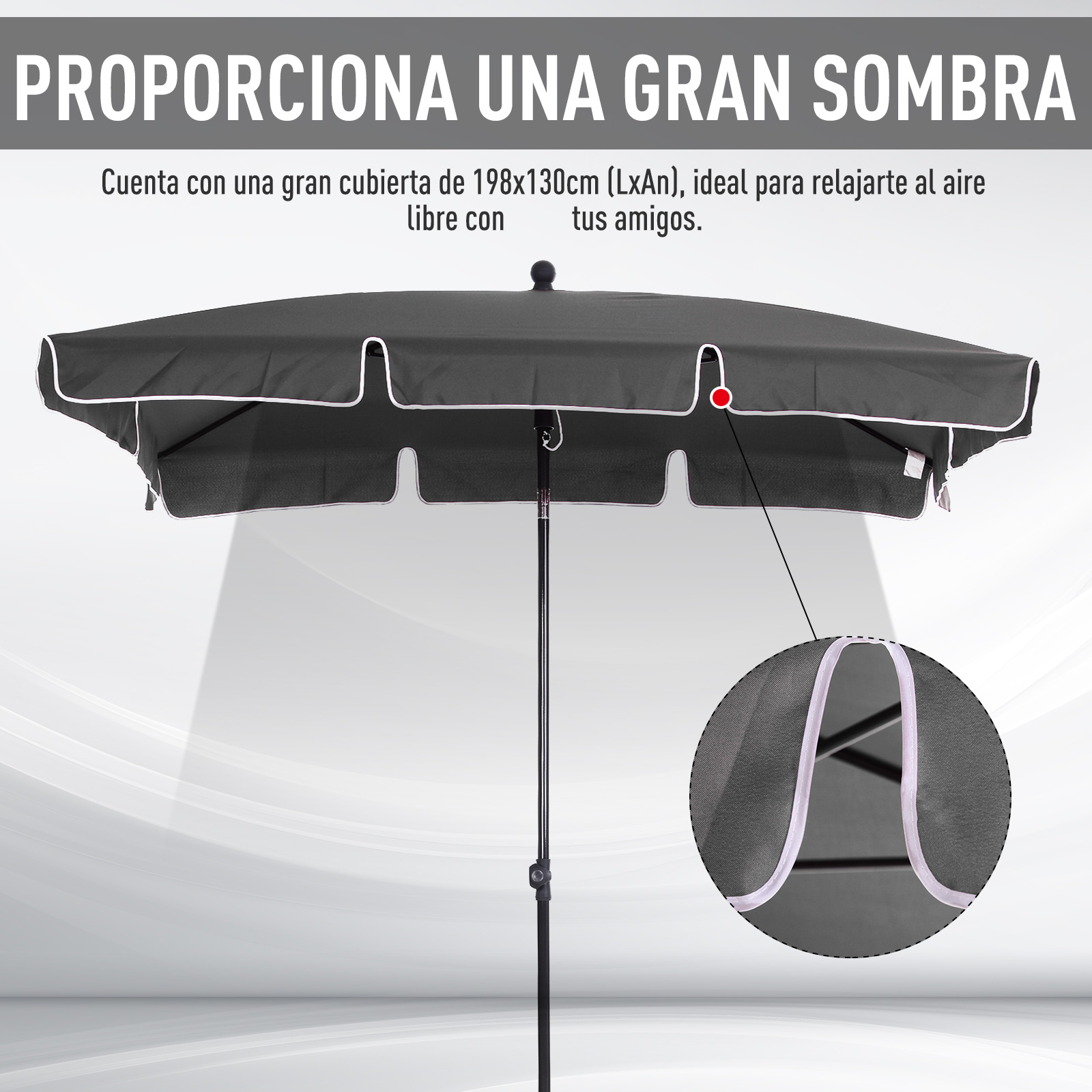 Guarda-sol de jardim retangular Outsunny em alumínio, 198x130x245 cm, com função de inclinação, para terraço, pátio e áreas externas, cor cinza.