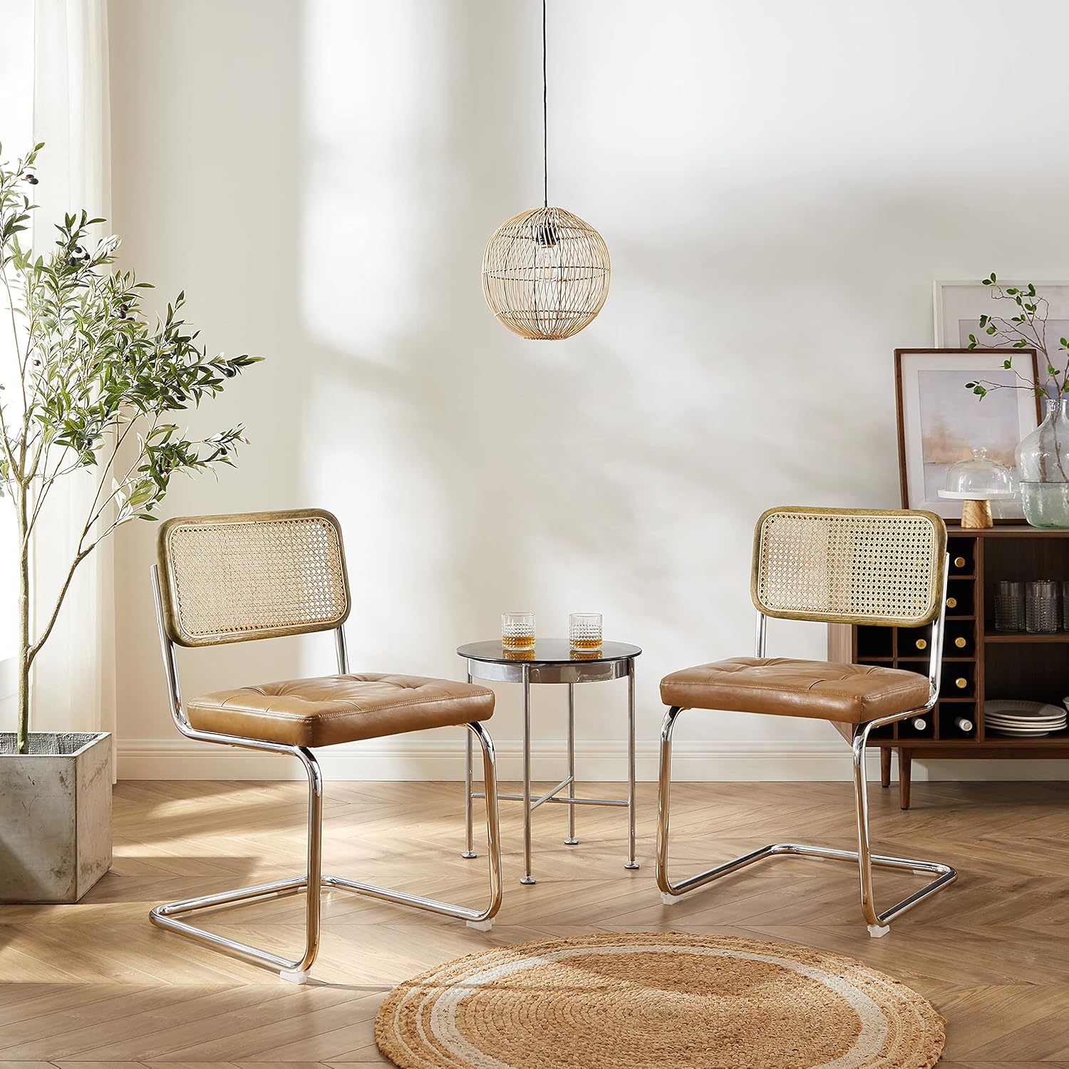 Zouron Esszimmerstühle Rattan Stuhl Schwingstühle 2er Set - mit Eichenholz Kunstleder Küchenstuhl Freischwinger Stühle Polsterstuhl Natur geflochtene Rattan Rückenlehne Chrom Metallbeine