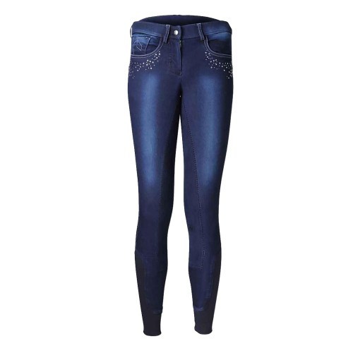 Calças de montaria femininas em denim com losangos, azul