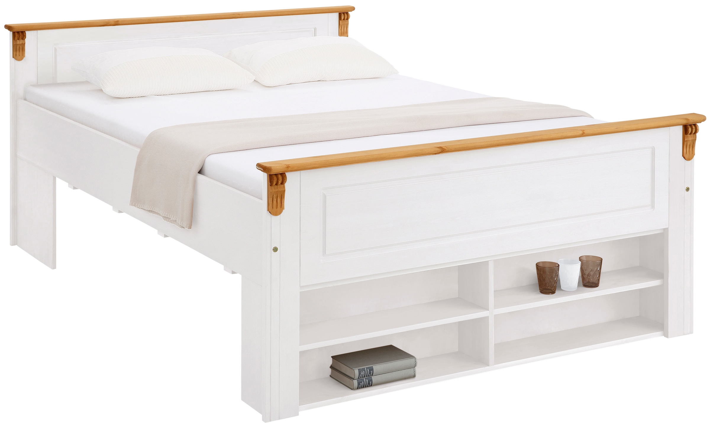 Home affaire Massivholzbett »Tessin, Stauraumbett, Landhausstil, Schubladen optional, rustikal« Breite/Belastbarkeit 180cm/220 KG, 140cm/180 KG,  zertifizierte Kiefer, Kassetten-Optik, stabile Qualität