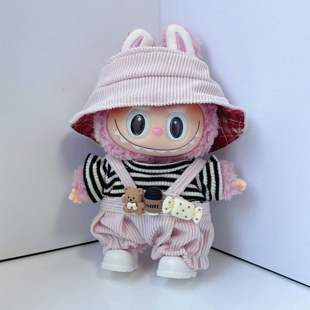 (3-tlg. Set) Monsterhäschen Patch Overall Puppen Zubehör Latzhose Outfit Verkleidungs Accessoire inkl. Gestreiftem T-Shirt / Hut - Rosa