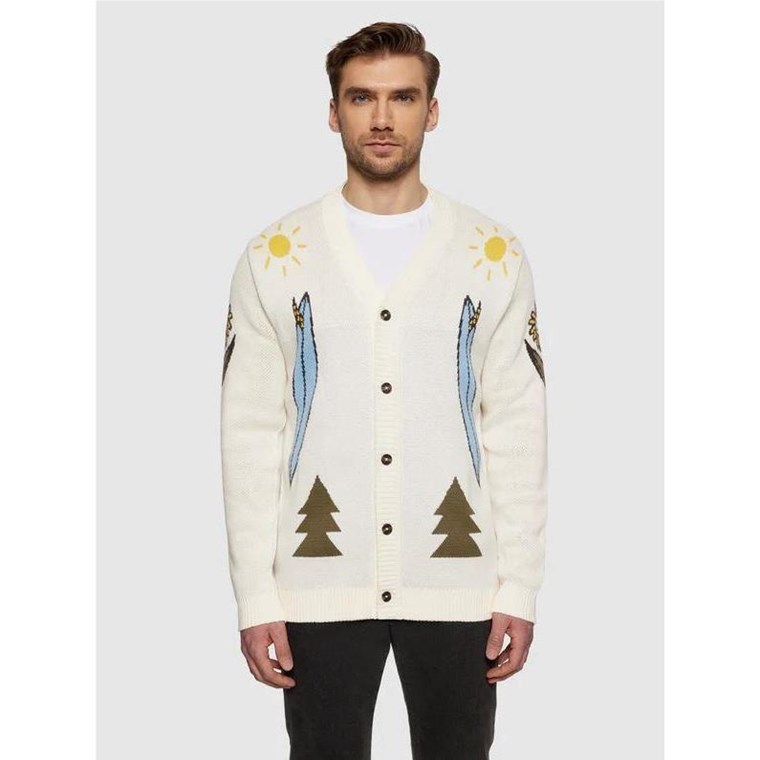 KnowledgeCotton Apparel Jacquard Trees Yes Please V-Neck CottonKnit Cardigan Egret
