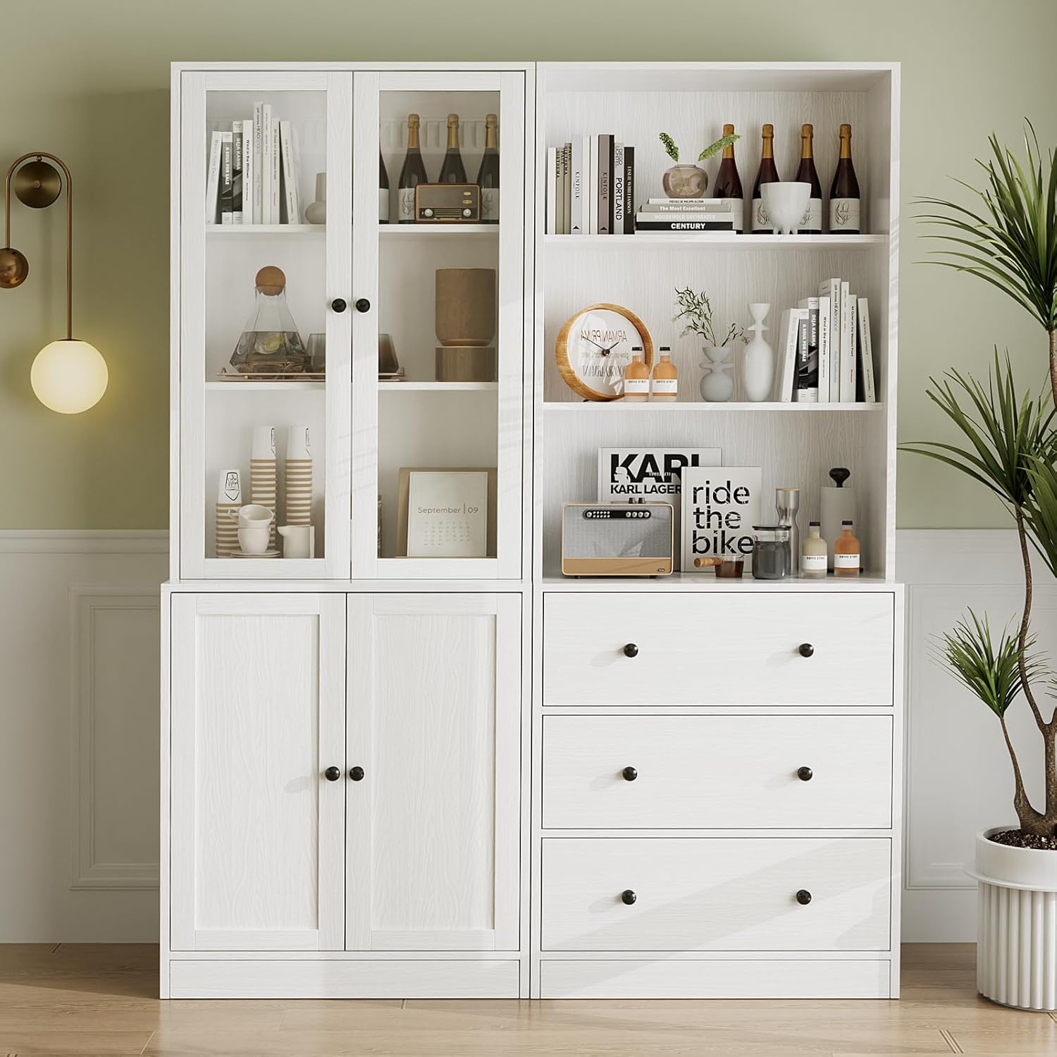 VOWNER 5-stöckiges Bücherregal mit Glastüren, 180 cm Vitrinenschrank, Küchenschränke, Küchenschrank Hochschrank, Buffetschrank für Küche, Wohnzimmer, Esszimmer, 2PCS (Weiß)