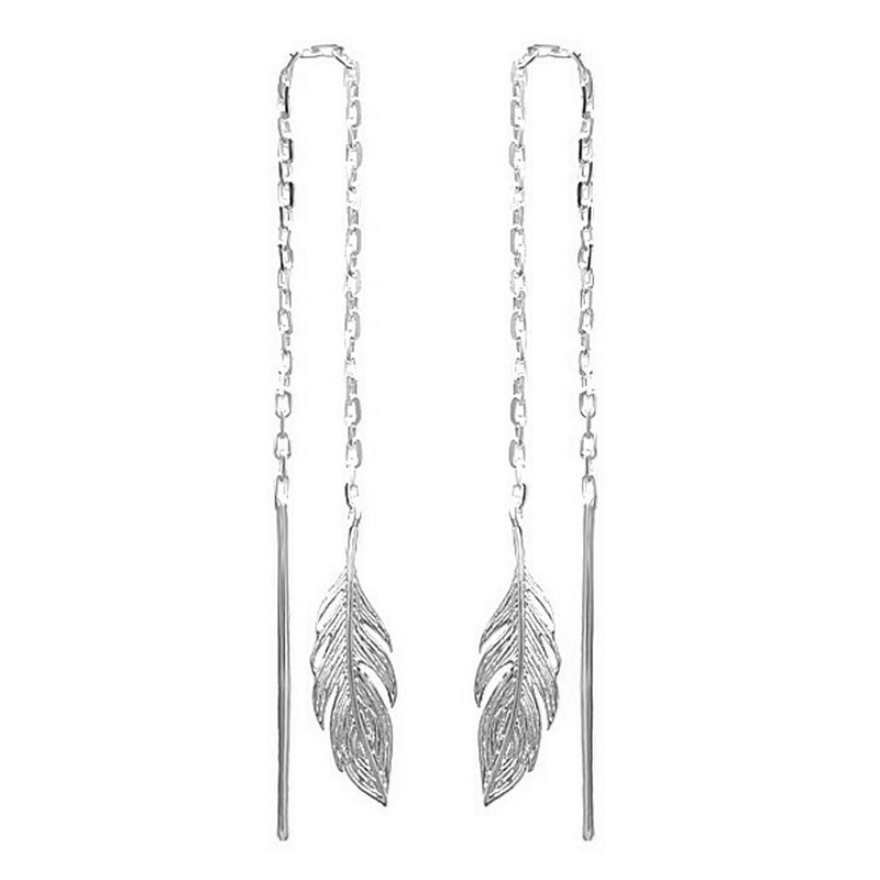Boucles d'oreilles traversantes chaînes avec plume tombante Argent 925 Rhodié