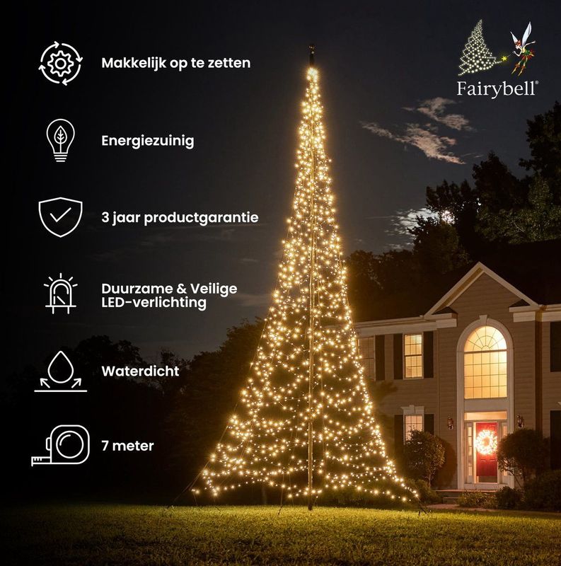 Fairybell Buiten Kerstboom voor in de vlaggenmast - 7 meter - 1500LEDs - Warm wit