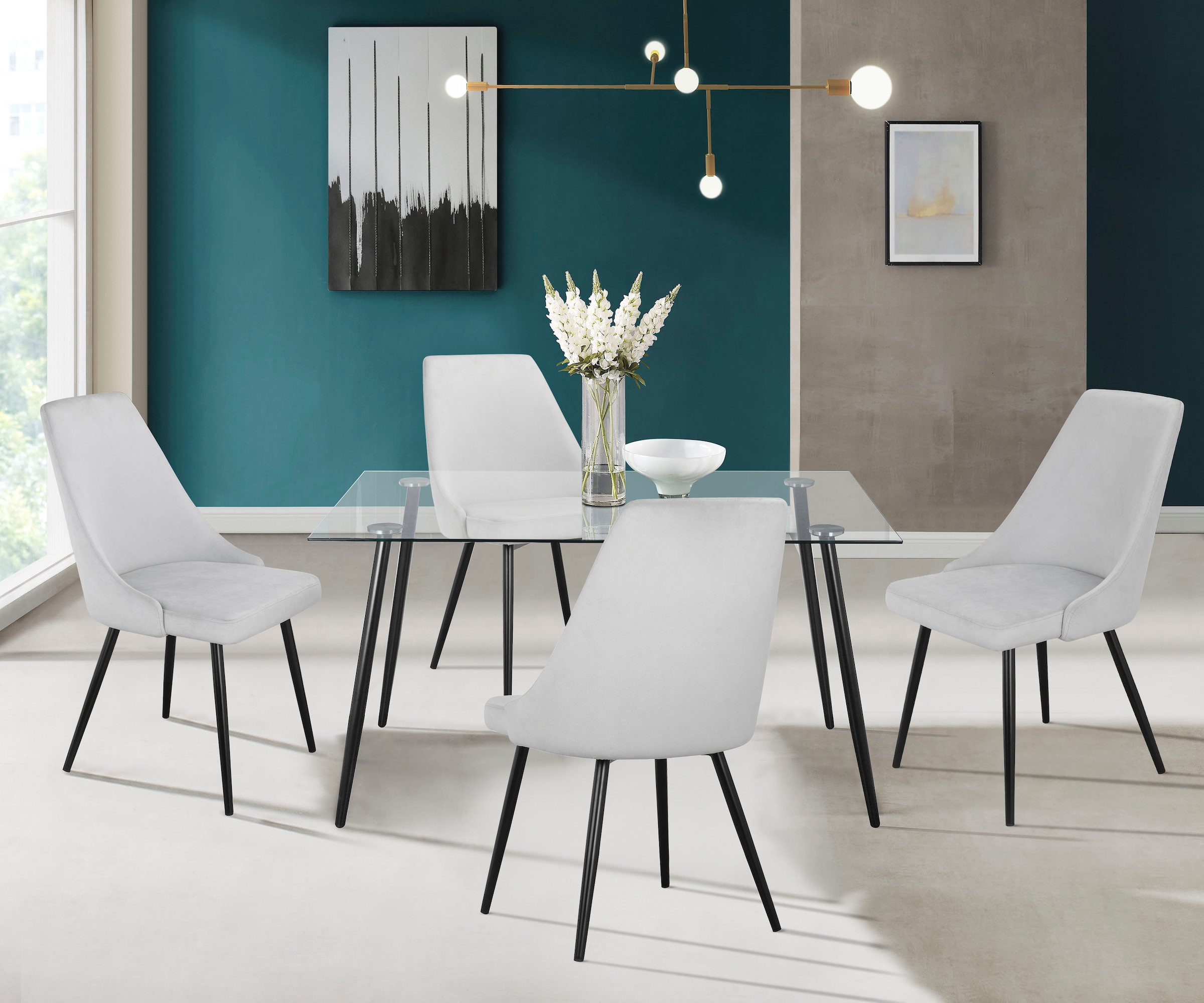 INOSIGN Essgruppe »Danny-Malio« Set, Set 140 cm, 5 Stk. tlg. Glastisch 140x80 cm mit 4 Stühlen (Veloursstoff), Gestell aus Metall