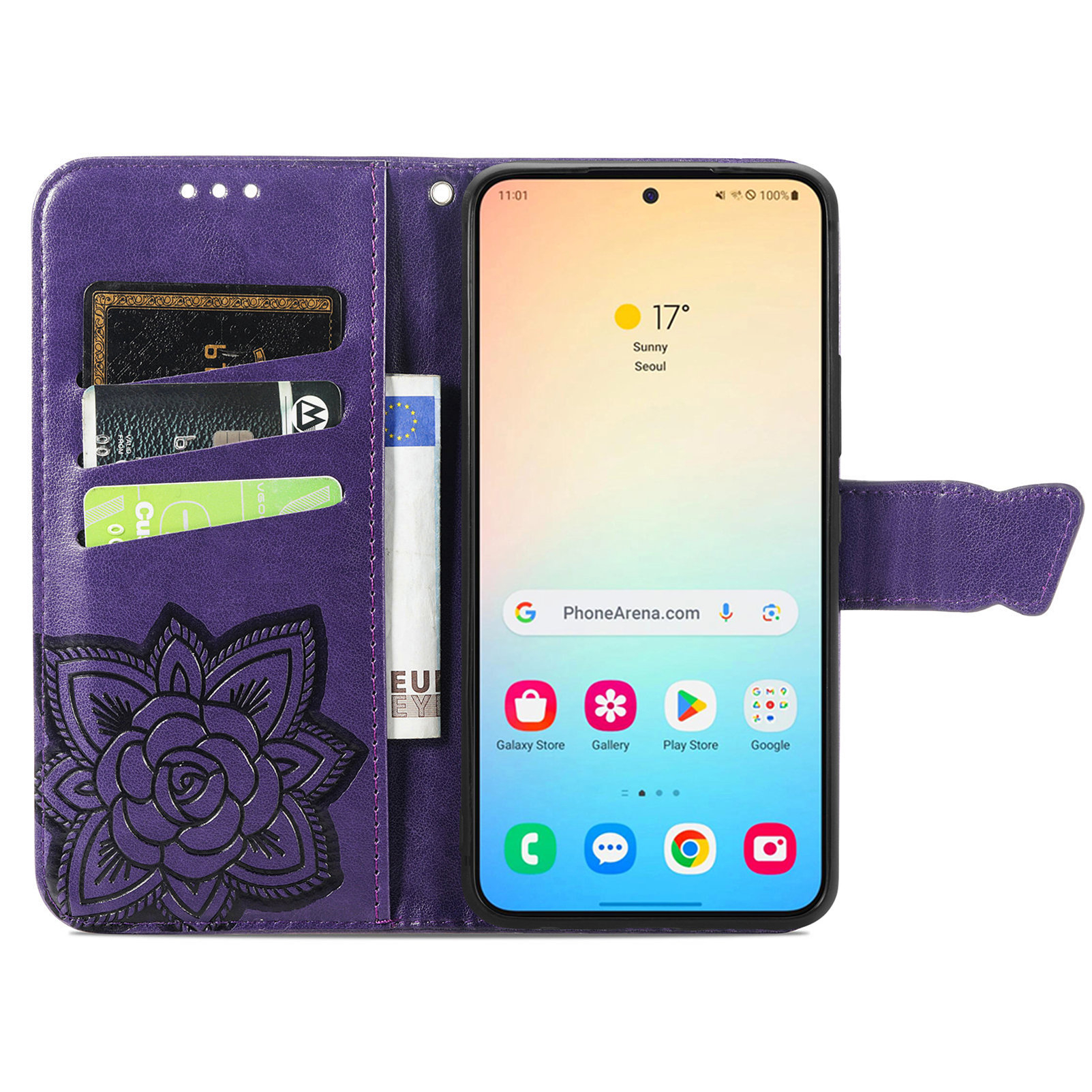Samsung Galaxy S25 Leder Tasche Flip Cover Schmetterlinge Imprint - Violett