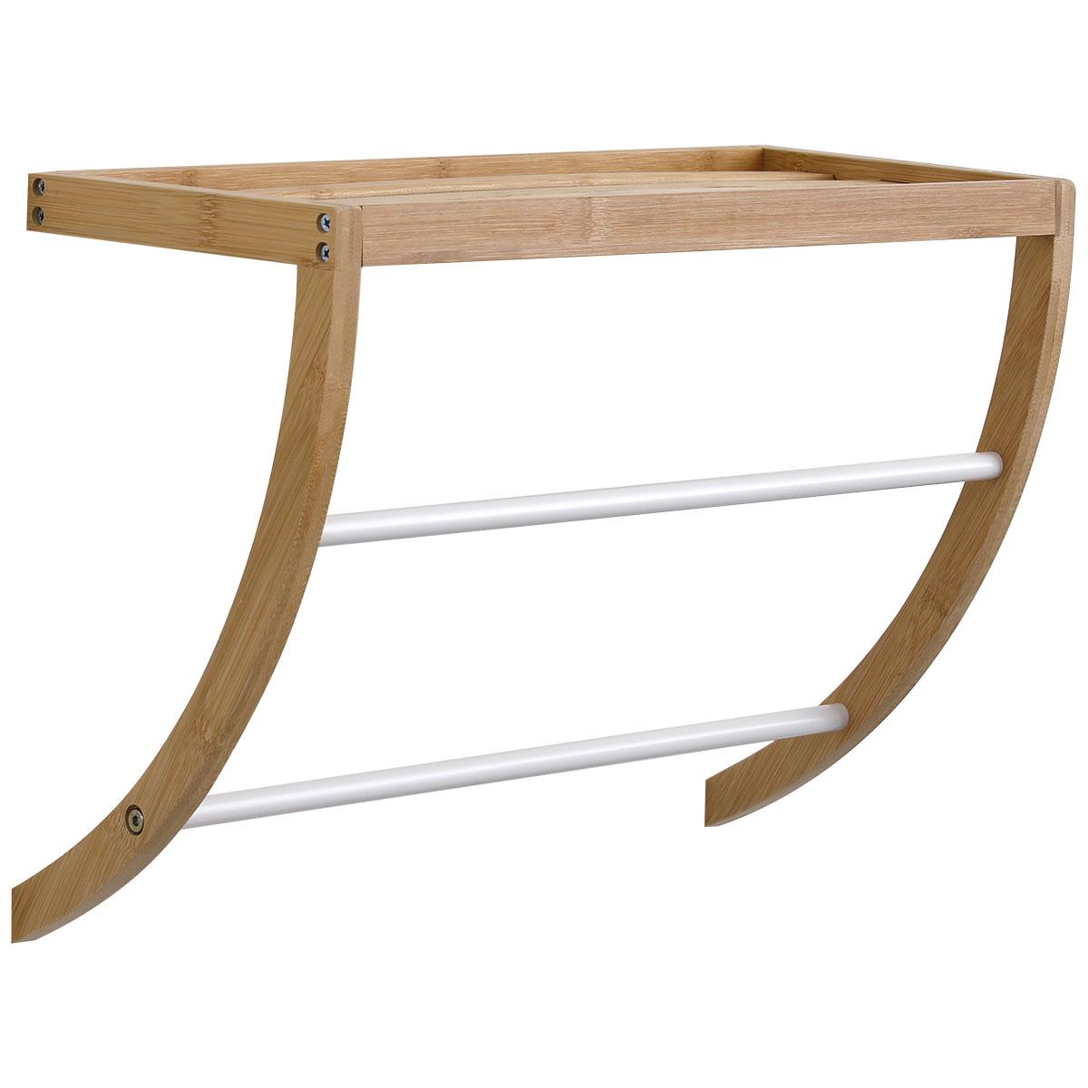 PORTE SERVIETTES MURAL 1 ETAGERE 2 BARRES INOX BLANC BAMBOU