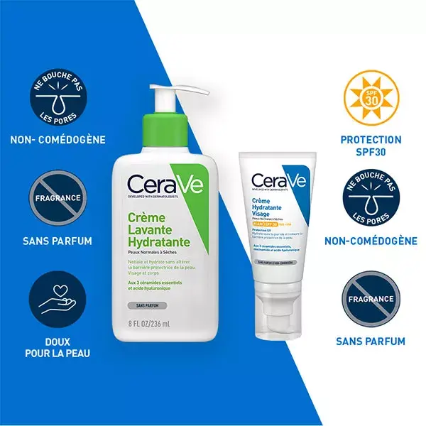 Rotina Facial CeraVe para Pele Seca: Creme de Limpeza Hidratante 236ml e Hidratante Facial FPS 30 52ml