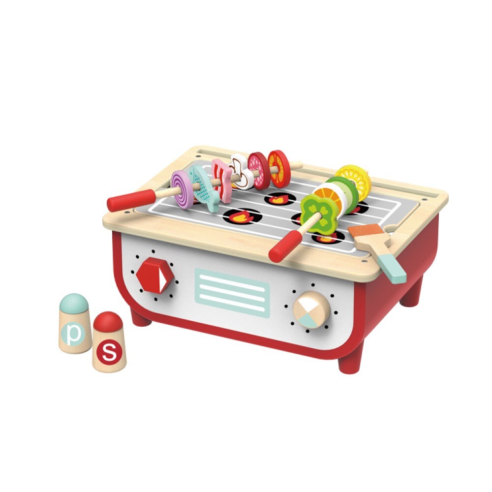 Tooky Toy 2 in 1 Kinder-Holzküche, Grill TF327 Kochplatten, Grillplatte, Gemüse rot