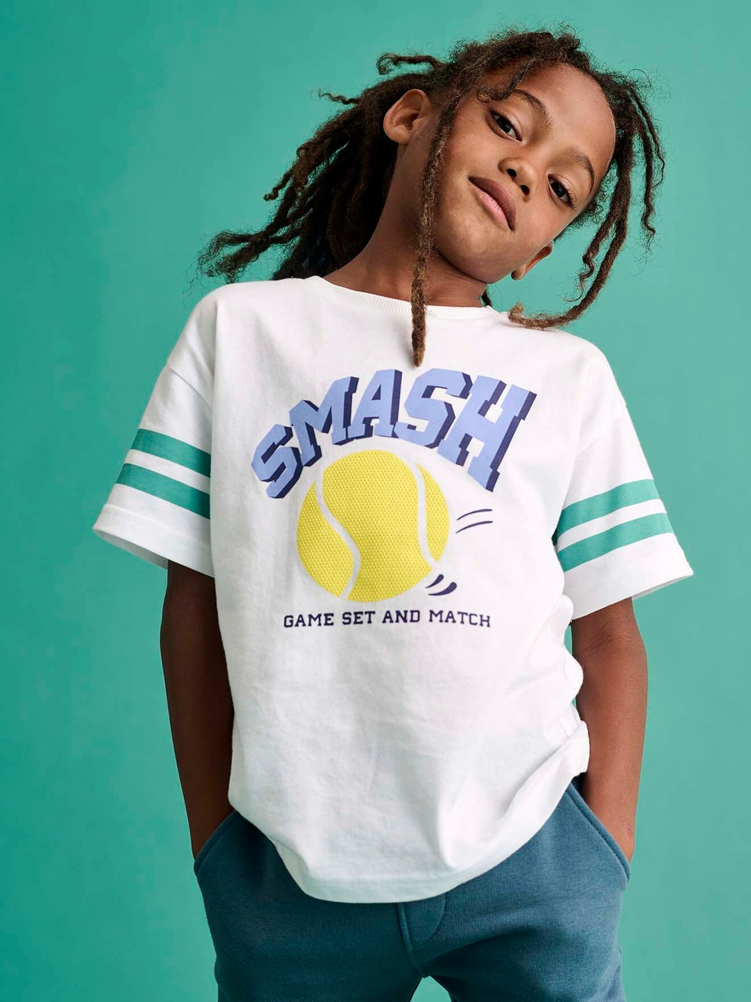 Vertbaudet Jungen Sport-T-Shirt mit Tennisprint und Recycling-Baumwolle weiß
