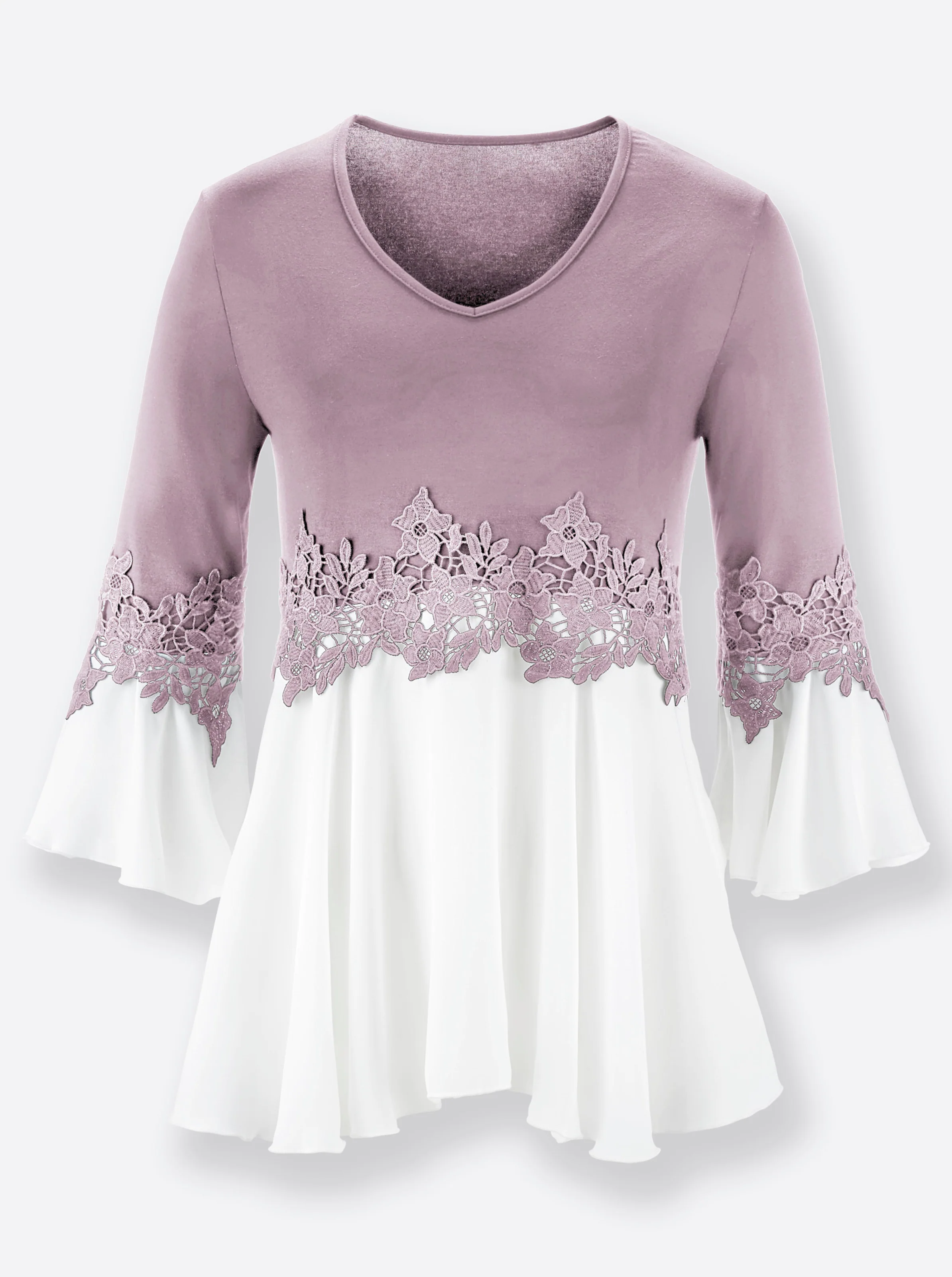 V-Shirt in mauve-weiß