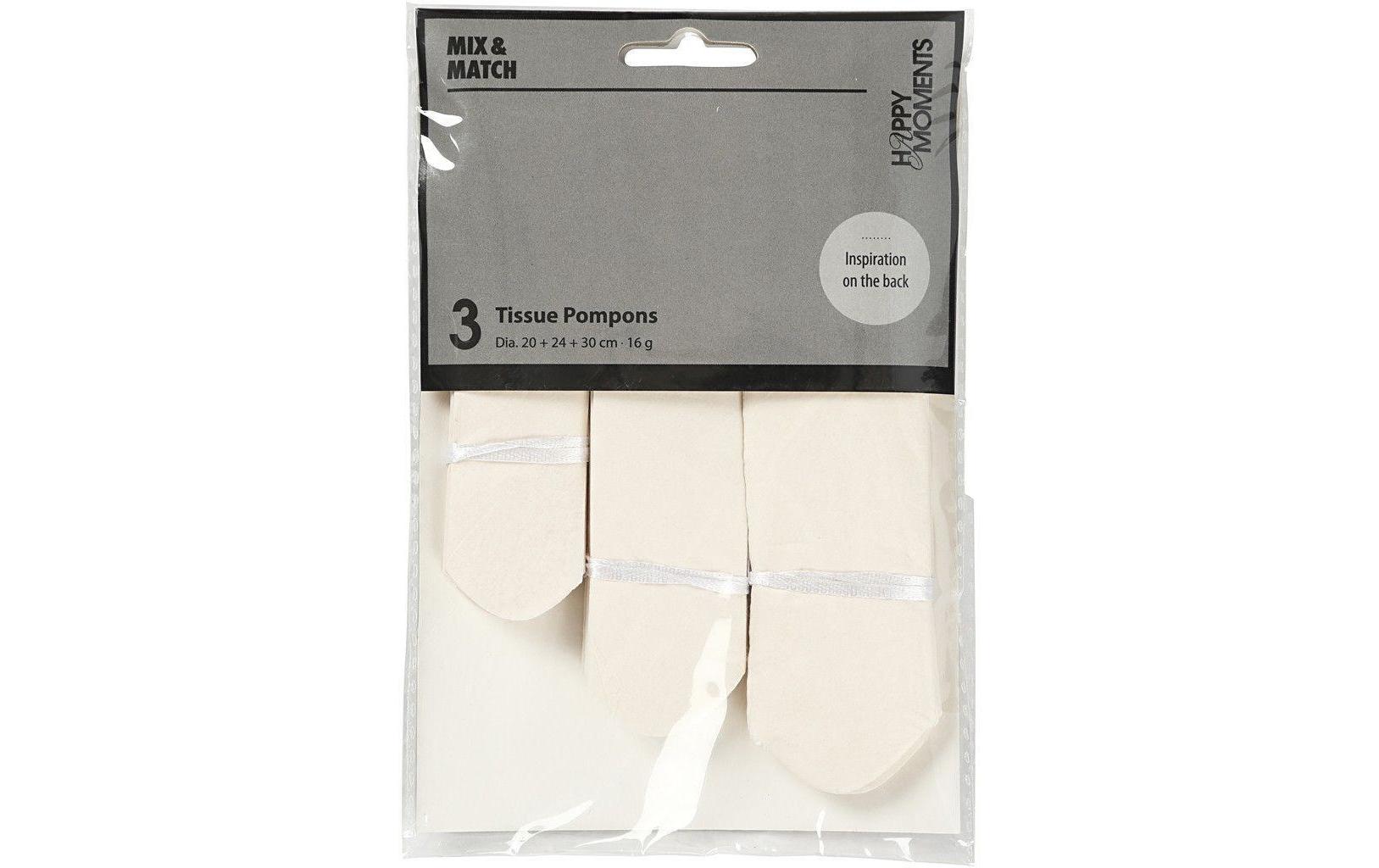 Pompons 20 + 24 + 30 cm 3 Stück, CrèmePapier-Pompons Creme