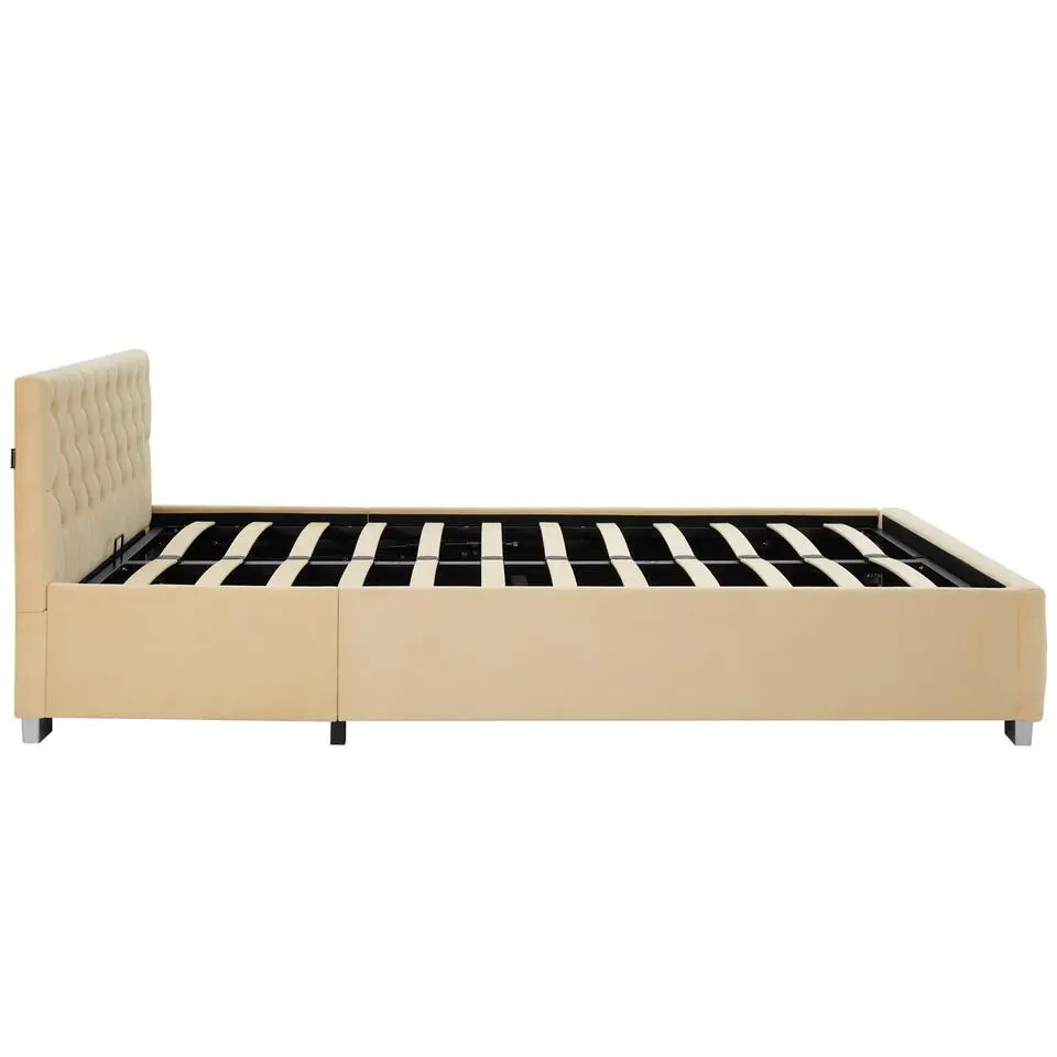 tectake Gestoffeerd bed met LED & opbergruimte, 120 x 200 cm, Beige