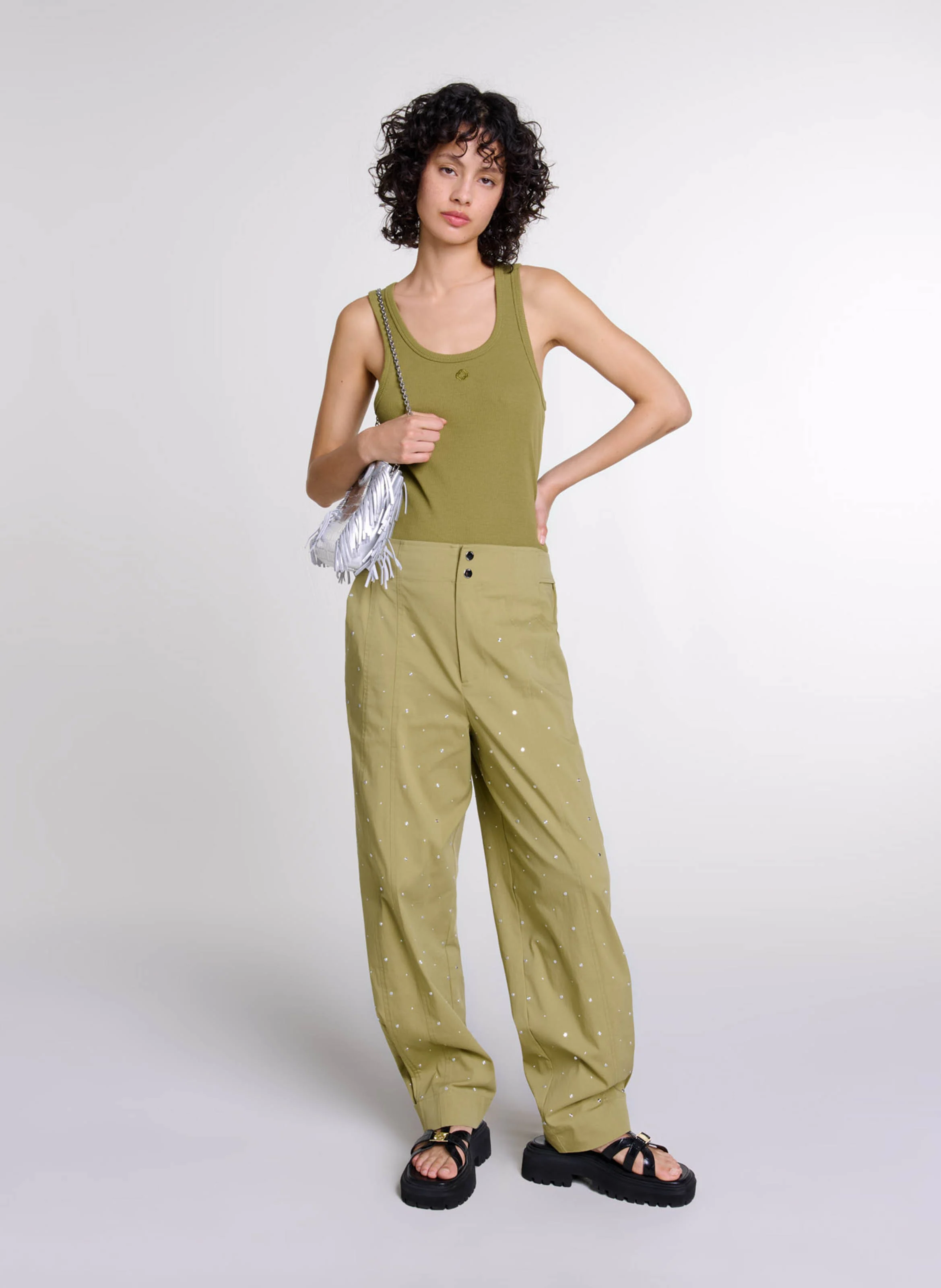 Pantalon large à rivets en coton mélangé | Kaki