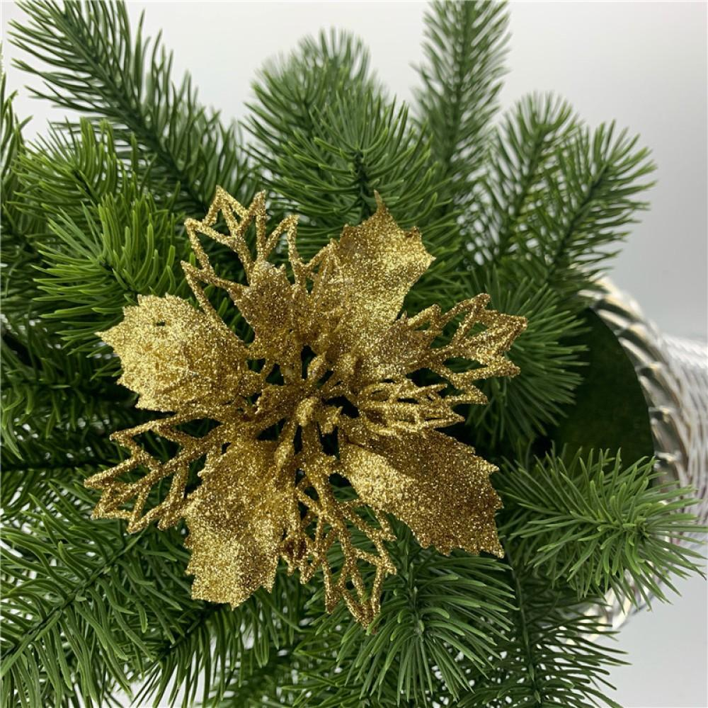(10er Set) Christbaum Schmuck Glitzer Blumen Deko Ornamente - Gold