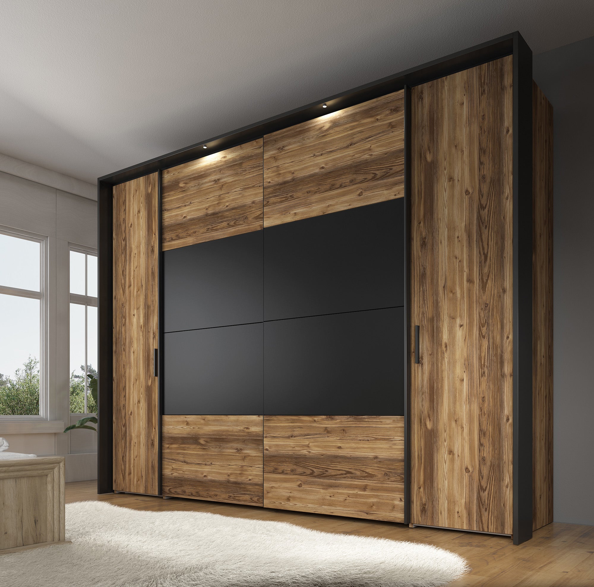 Jacob - Kledingkast met schuifdeuren - Zwart/eiken - 280x67x214 cm