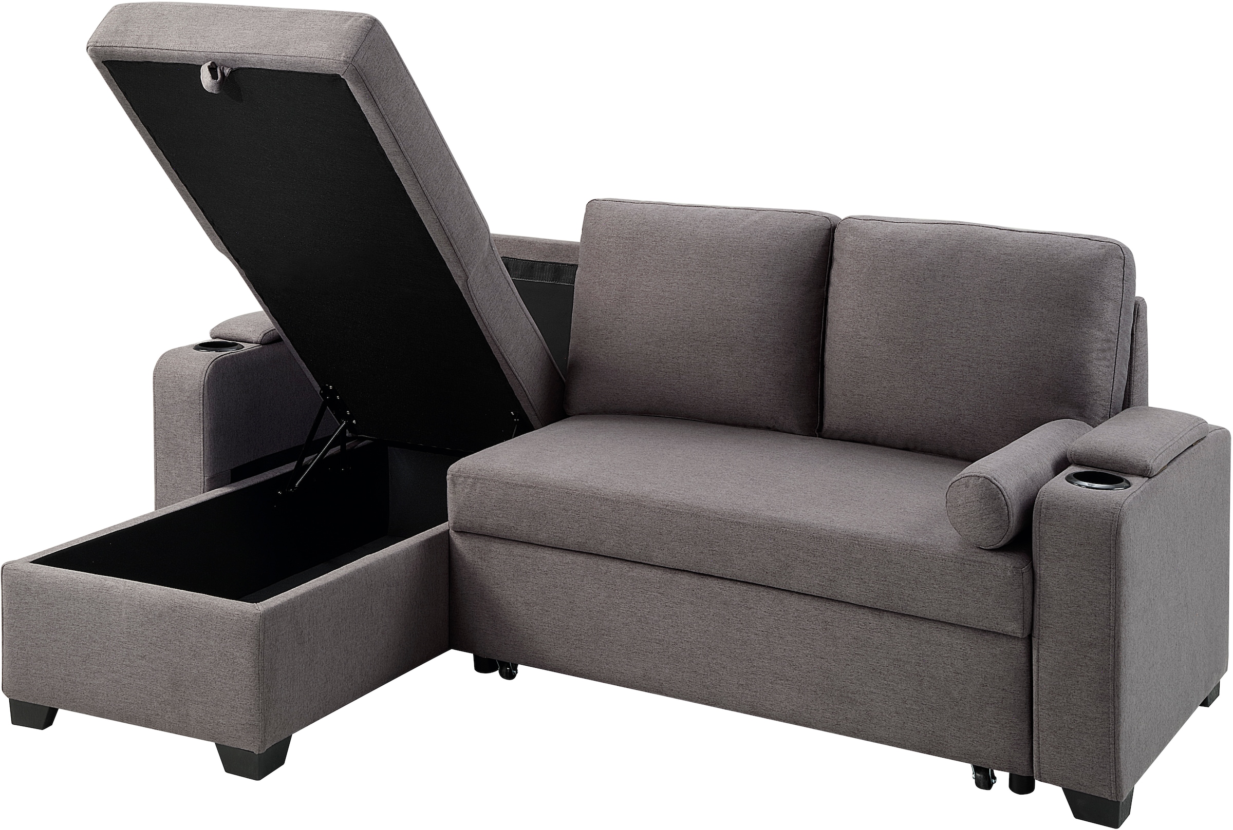 ATLANTIC home collection Ecksofa »Gorje L-Form« mit Schlaffunktion, Stauraum, Becherhalter, Staufächer & Kissenrollen