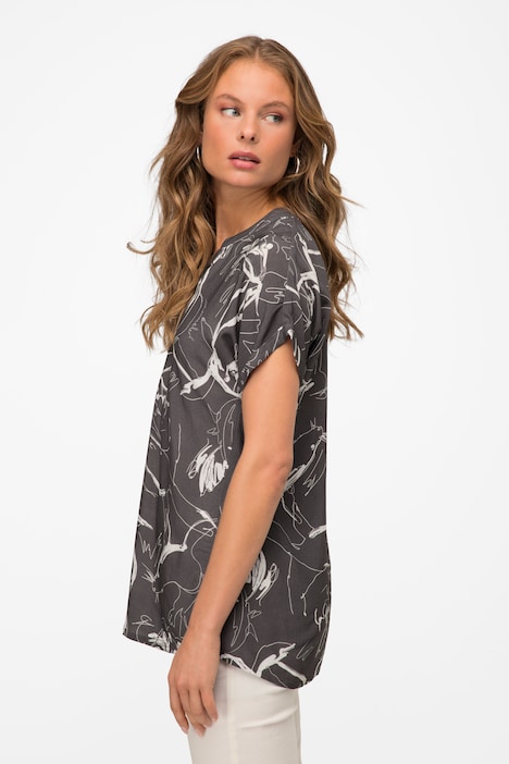 Bluse, oversized, Robben Print, Stehkragen, Halbarm