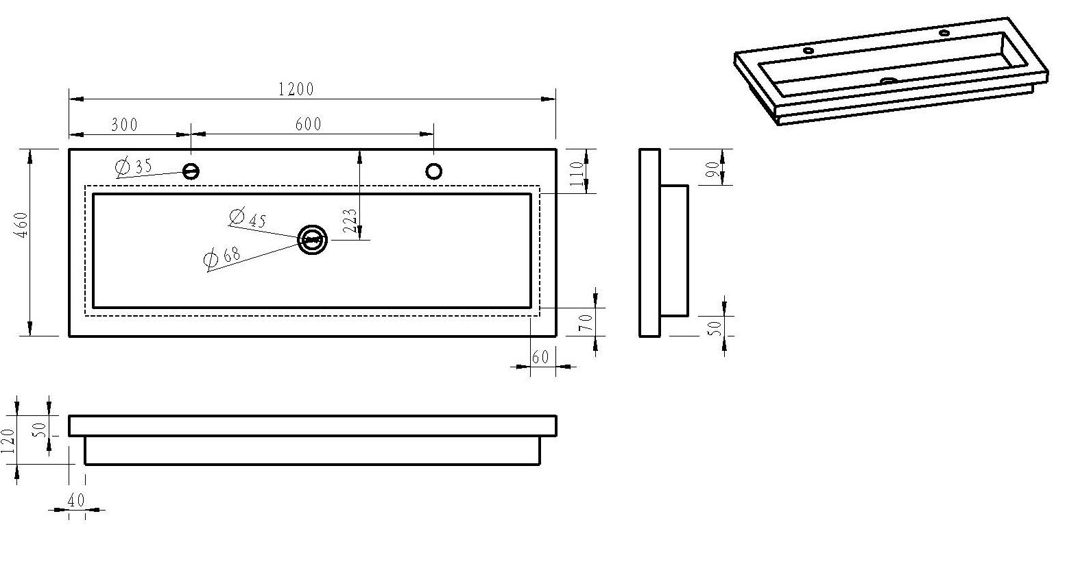 Mueller Viggo hardstenen meubelwastafel 120x46cm met 2 kraangaten