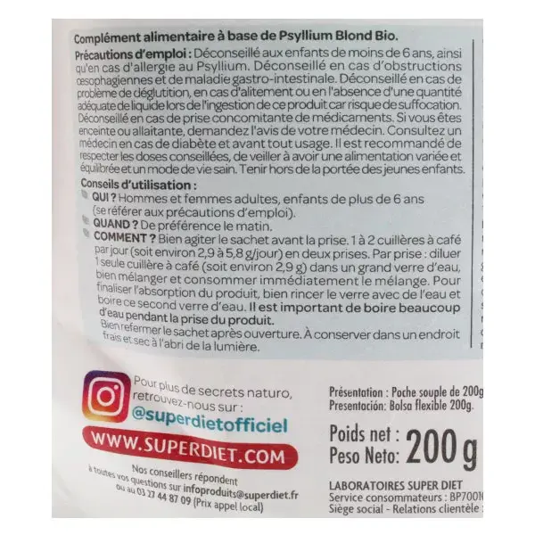 Superdiet Superfood Cascas de Psyllium Orgânicas Loiros 200g