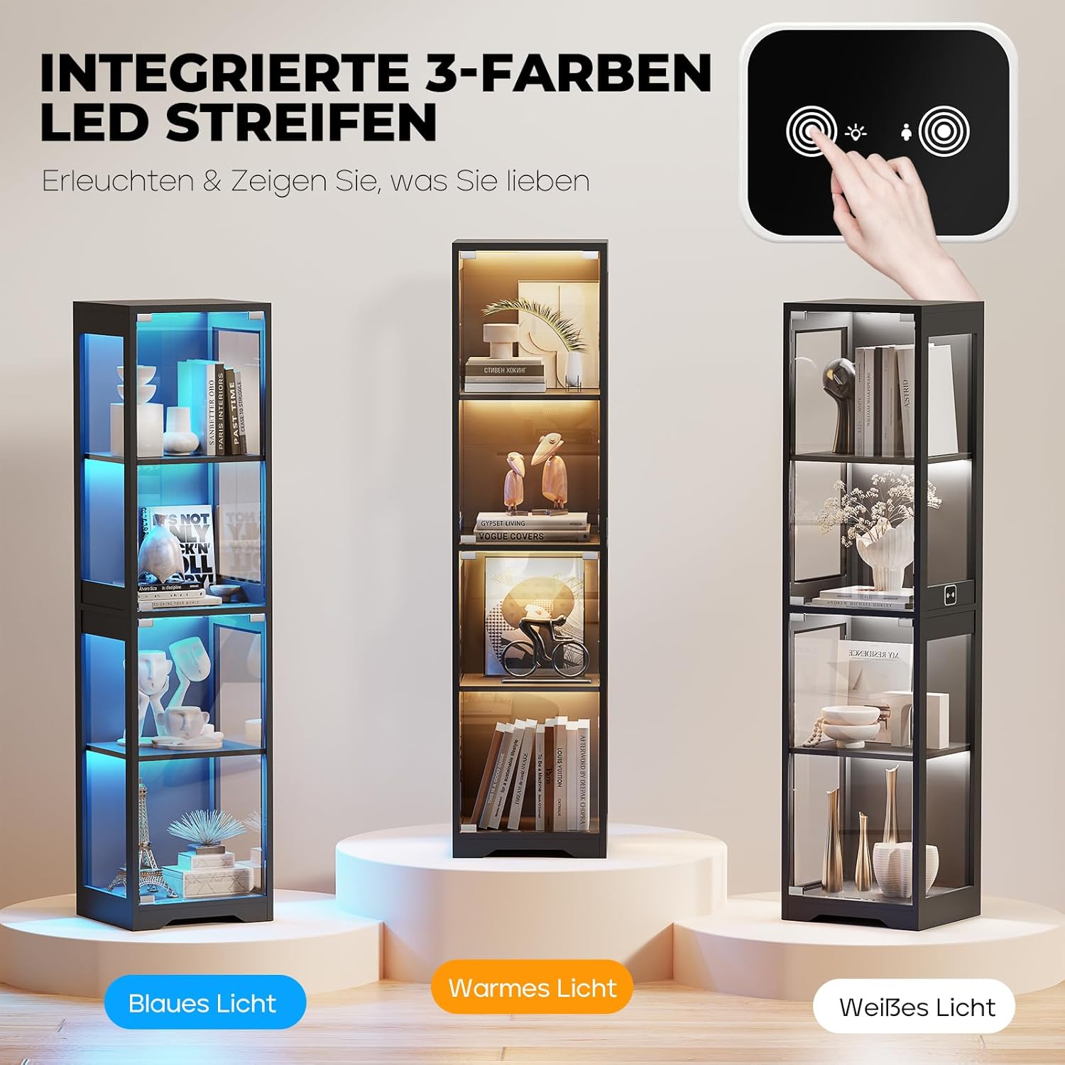 Glasvitrine mit Dreifarbig LED Beleuchtung und Glastüren, Glasvitrine Stehend mit Körpersensor-System, Sammlervitrine für Wohnzimmer, Büro, Bücher, Spielzimmer, Schwarz (40 x 35 x 160cm)
