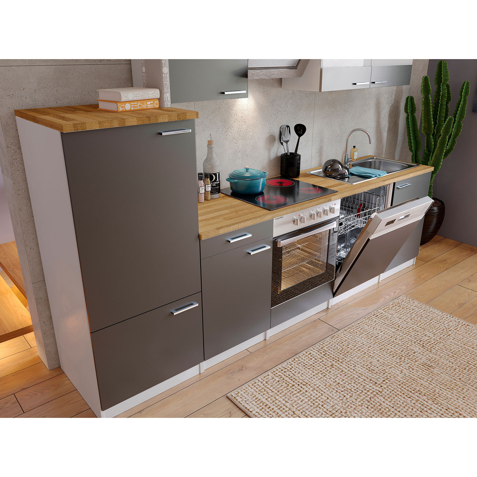 RESPEKTA Küchenblock - grau - mit E-Geräten - 280 cm