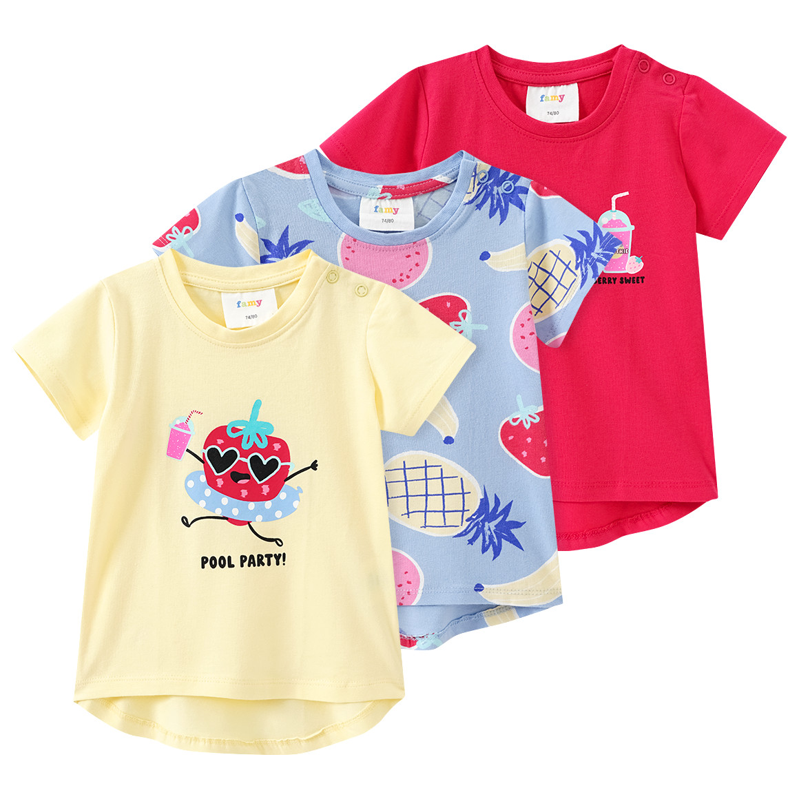 Famy 3 Baby T-Shirts mit bunten Motiven hellgelb / rot / hellblau