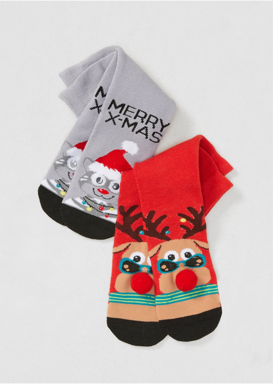 Lot de 2 paires de chaussettes thermo avec pompons et yeux, avec carte cadeau