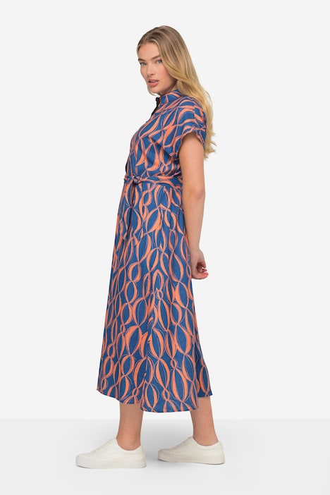 Leinenmix-Kleid, Allover Print, Hemdkragen, Taillengürtel, Halbarm