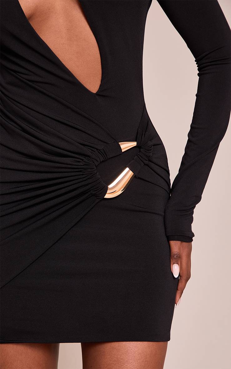 Noir Robe Moulante PLT Label À Décolleté Plongeant Avec Détails De Finition Double Couche En Tissu Slinky Naturel