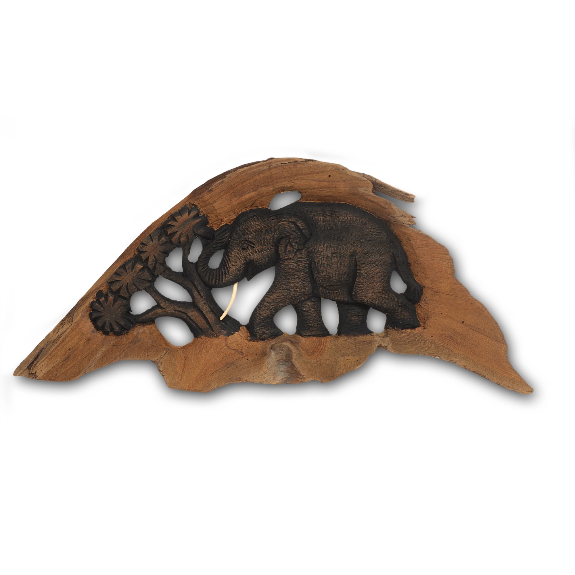 Schnitzrelief 'Elefant mit Baum', Teakholz, variable Maße von fischer's lagerhaus