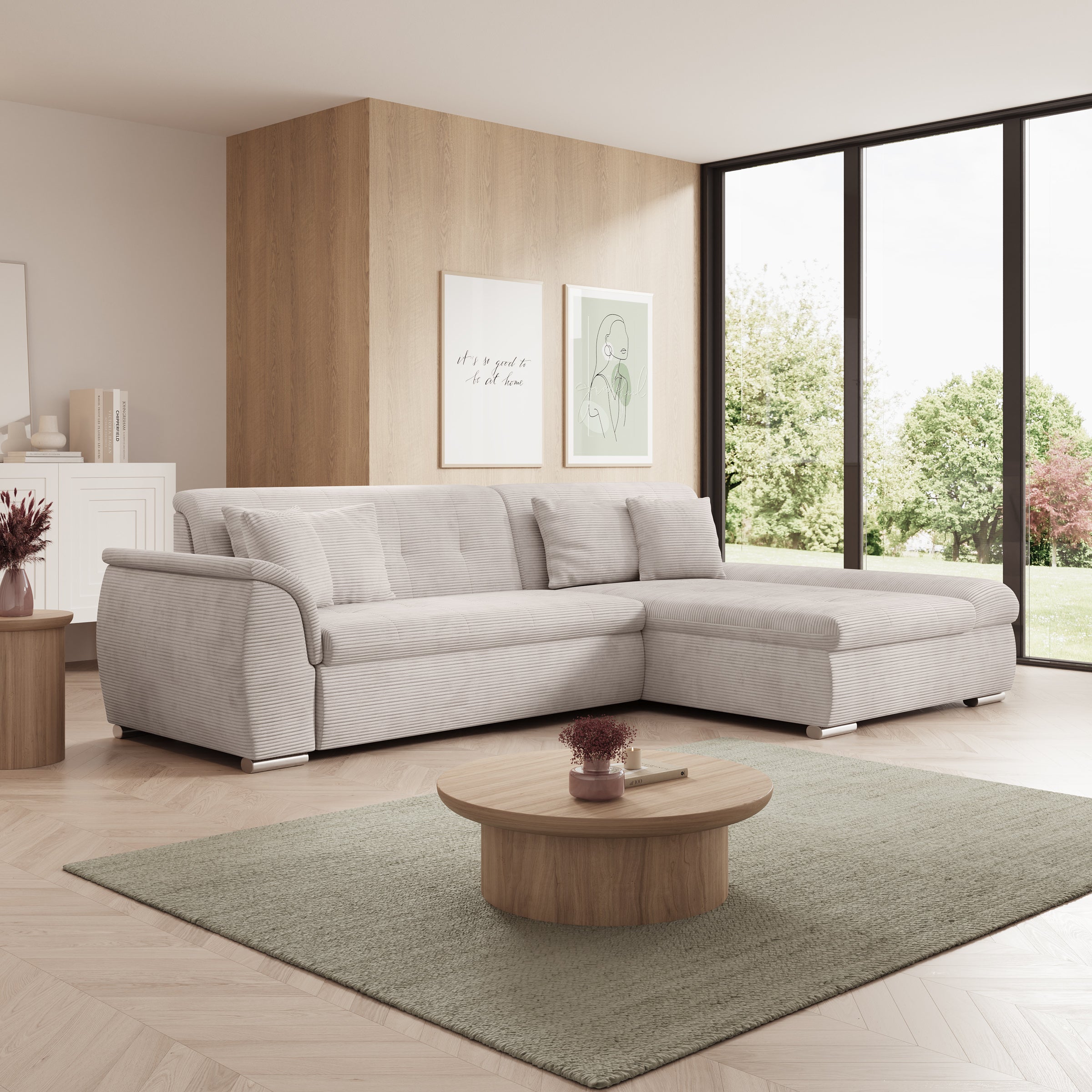 Alberta - Hoekbank 3-zits met slaapfunctie - Ribstof beige - Rechts - 286x170x80 cm