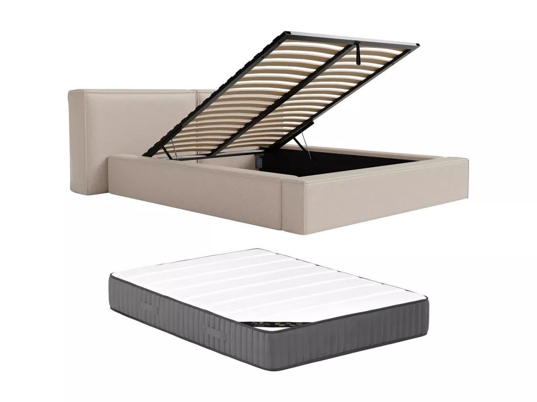 Lit coffre 140 x 190 cm - Tissu - Beige + Matelas - TIMANO de Pascal Morabito