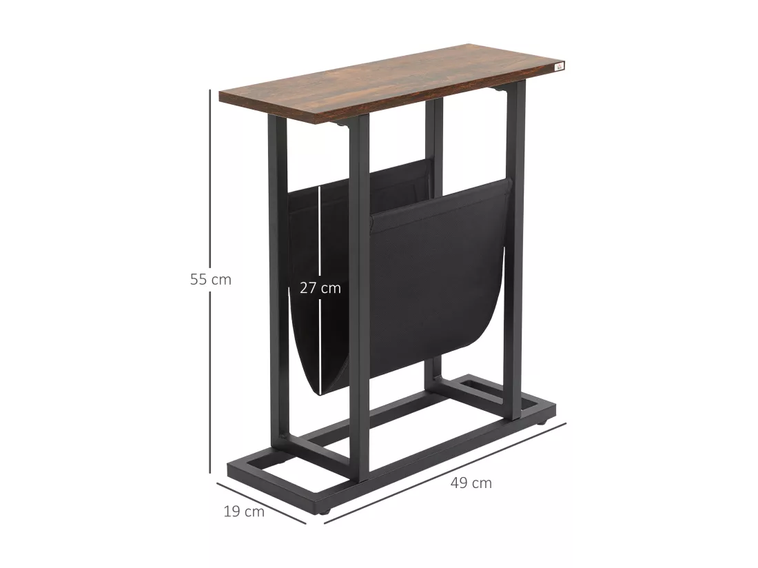 Guéridon bout de canapé table basse d'appoint - porte-revue tissu noir - châssis métal noir plateau aspect bois
