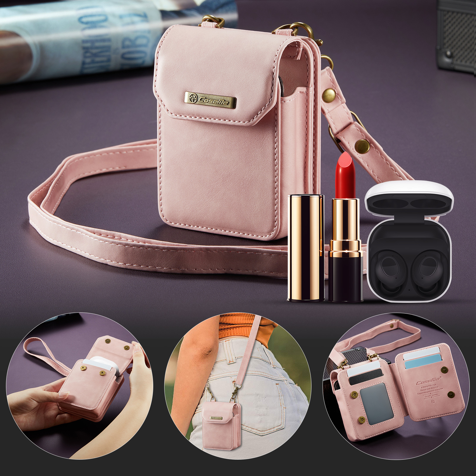 Samsung Galaxy Z Flip7 FE / Z Flip7 / Z Flip6 / Z Flip5 5G Necklace Leder Tasche Flip Wallet Etui mit Kartenfächern (RFID Schutz) - Roségold